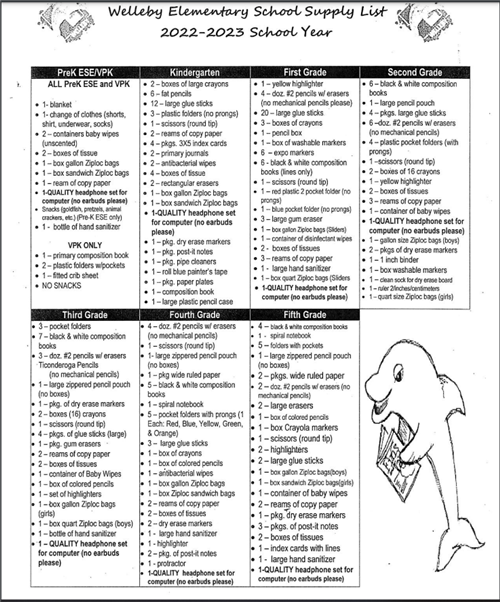 School supplies list 22-23